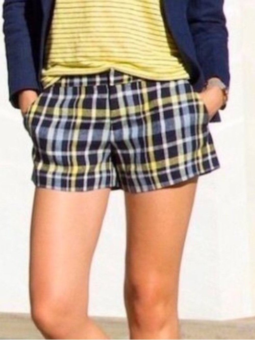 Joie Merci Navy, Yellow & White Plaid Linen Shorts. Side Pockets Cotton Lining.